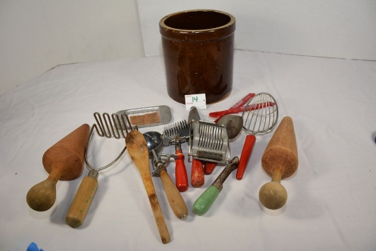One Gallon Crock Jar with Large Lot Vintage Kitchen Tools to include French Fry Cutter, Egg Slicer,