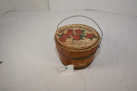 Charlotte Charles Pure Marshall Strawberry Preserves Wooden Advertising Bucket w/Original Paper Labe