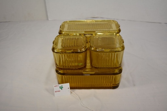 Federal Amber Glass 4-Piece Refrigerator Set w/Lids; Some Normal Wear on Lids