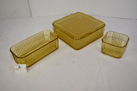 Federal Amber Glass 3-Piece Refrigerator Set w/Lid (1 only, 2 missing lids)