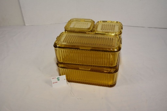Federal Amber Glass 4-Piece Refrigerator Set w/Lids; Some Normal Wear on Lids