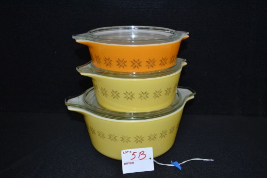 Pyrex Town & Country 3 Piece Casserole, Set With Lids No. 471, 472 (Chip on Lid), 474