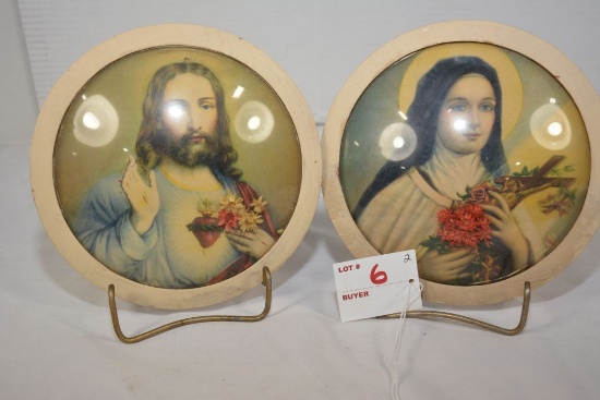 Pair of Vintage Bubble Glass Round Religious Pictures; 7" Diameter