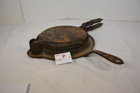 Cast Iron Griswold No. 8 Waffle Iron w/Cradle; Top and Bottom Do Not Match No. 885 and No. 977