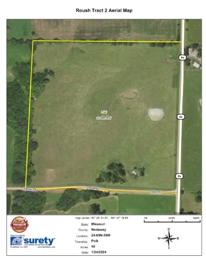 Located just west of Tract 1 featuring 40 acres +/- of good, gently rolling pasture ground with 35.6
