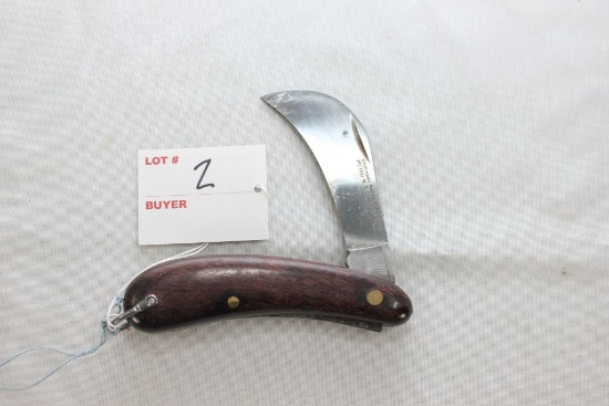 Vintage Hawk Bill Stainless Steel Pocket Knife w/Wood Handle; Mfg. By Gorhmann Knife, LTD, Pictou, N