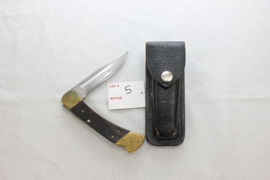 Vintage Buck Model 110 4 Dot Folding Lock Blade Knife w/Factory Leather Sheath; Mfg. Pre-1985; 3-3/4