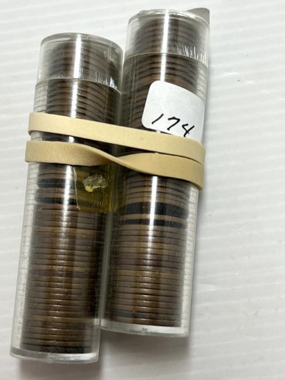 1920's Lincoln Wheat Cents -Two Tubes of Mixed Date and Mint Marks - Average Circulated Condition