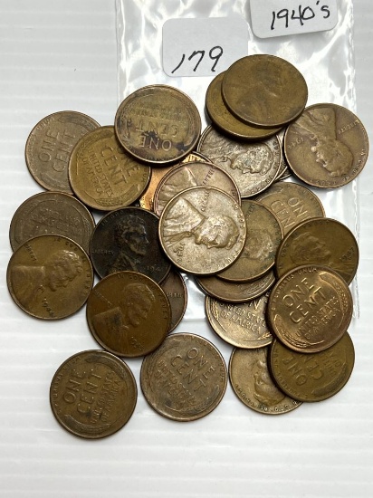 31-1940's Lincoln Wheat Cents - Mixed Date and Mint Marks - Average Circulated Condition