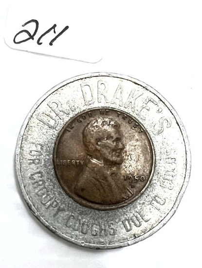 1950D Lincoln Wheat Cent Encased Dr. Drakes For Croupy Coughs Due to Colds/Glessco For Adults Cough