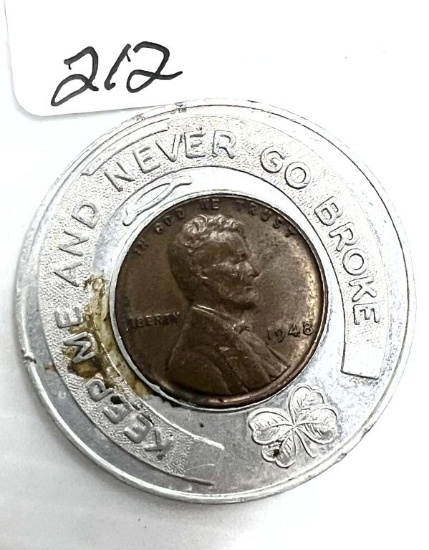 1948 Lincoln Wheat Cent Encased Miller Chevrolet Auto Co. 805 Coml St. Atchison, Kans. / Keep Me and
