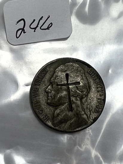 1943P Silver Jefferson Nickel 40% Silver - VF/XF Counterstamped w/Cross Both Obv. and Rev.