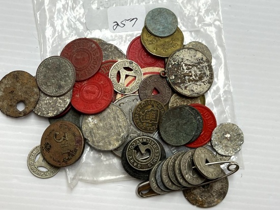 Bag of Tokens mad Metals, including Tax Tokens, Good For's, Transportation, Amusement, and a Wooden
