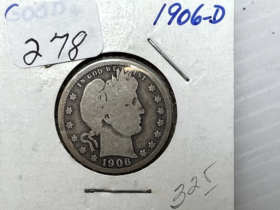 1906D Barber Quarter Dollar - G+