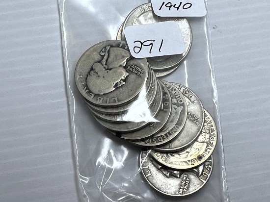 11-1940's P, S, &D Mint Washington Quarter Dollars- VG To VF