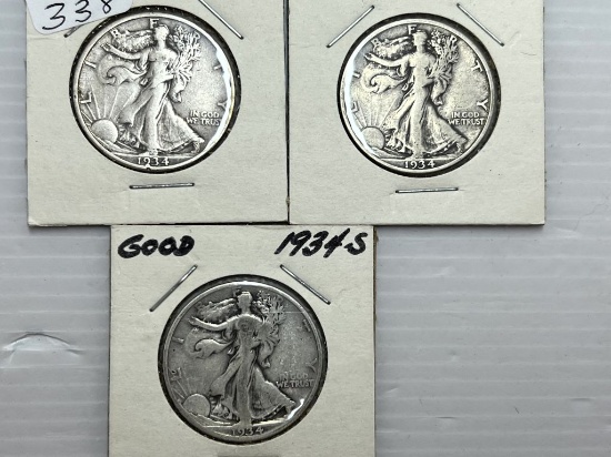 1934P, D, &S Walking Liberty Half Dollar - G/VG