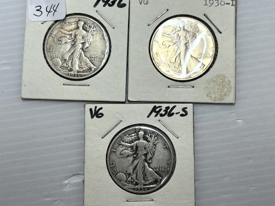 1936P, D, &S Walking Liberty Half Dollar - G/VG+