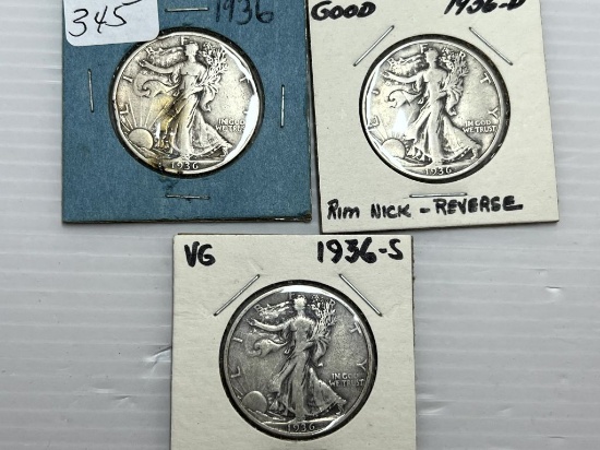 1936P, D, &S Walking Liberty Half Dollar - G/VG+