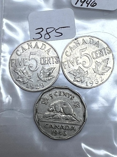 1929,1932 and1946 Canadian Nickels - Average Circulated Condition