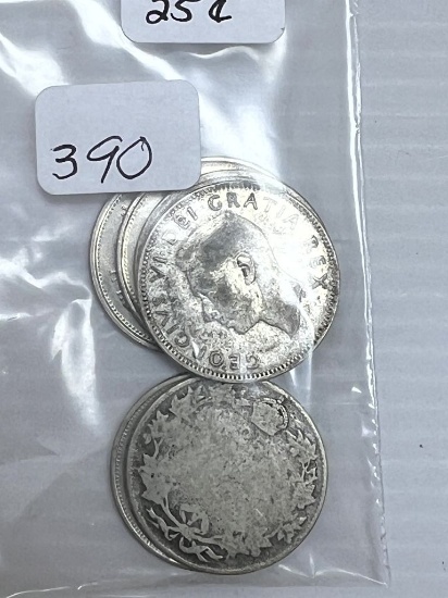 6-Canadian Quarter Dollars, Three Clad mad Three Silver - Average Circulated Condition
