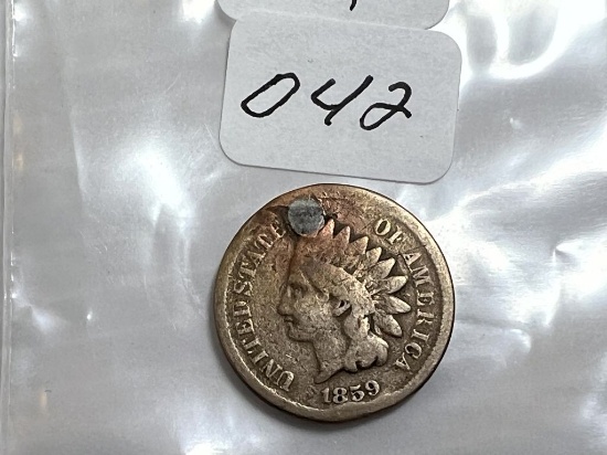 1859 Indian Head Cent, CN VG+ Plugged