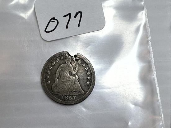 1857 Seated Liberty Half Dime -VG Holed
