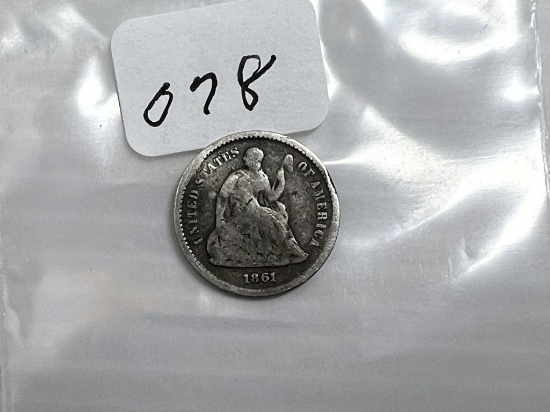 1861 Seated Liberty Half Dime - G+