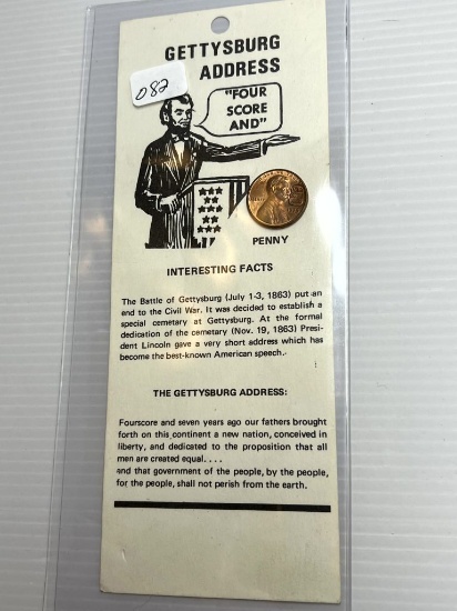 Interesting Facts Card - Gettysburg Address - 1975 Counterstamped Lincoln Memorial Cent