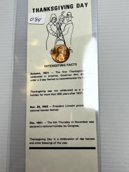 Interesting Facts Card -Thanksgiving Day - 1976 Counterstamped Lincoln Memorial Cent