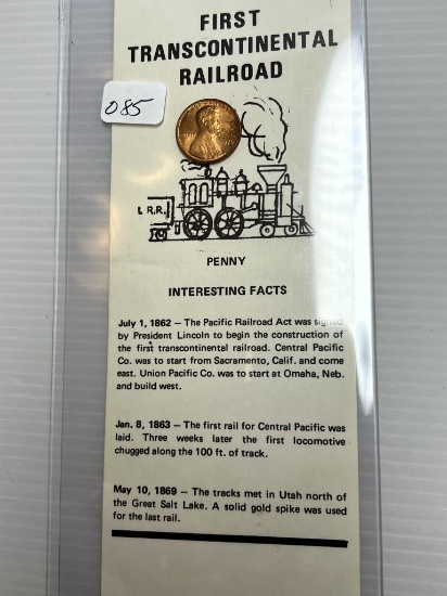 Interesting Facts Card - First Transcontinental Railroad - 1976 Counterstamped Lincoln Memorial Cent