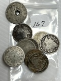 9 Liberty V Nickels -1899-1912 Various Dates; Average Circulated; One Holed