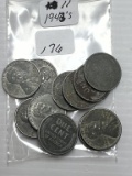 11-1943's Lincoln Wheat Cents - Mixed Mint Marks - Average Circulated Condition