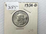 1934D Washington Quarter Dollar - VG