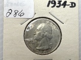 1934D Washington Quarter Dollar - F