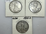 1935P, D, &S Walking Liberty Half Dollar - G/VG+