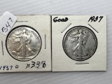 1937P &D Walking Liberty Half Dollar - G- VG