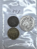 1896D German 1 Pfennig + 1875 German 1 Mark, 1936D German 5 Pfennig Coins