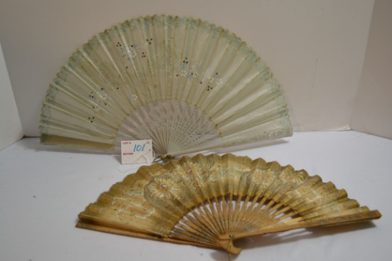 Pair of Vintage Hand Fans; Silk and Hand Painted Paper and Wood