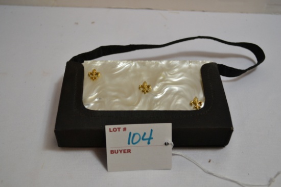"Volupte" Ladies Purse/Compact w/Mother-of-Pearl Style front and Satin Carry Case; 5"x3"