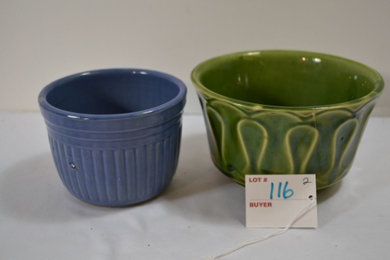 Green McCoy Floraline No. 506 Planter (Has Crack) and Blue USA Blue Glaze Planter