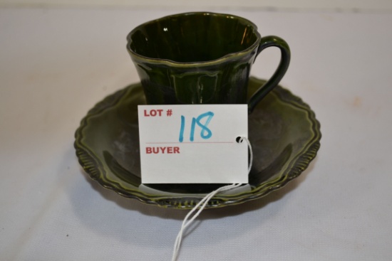 Vintage Japanese Green Glaze Cup and Saucer w/Silver Dragon; Small Chip