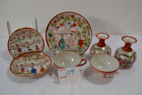 Group of Vintage Japanese Geisha Girl Cups and Saucers and Two Sake Decanters; Some Chips
