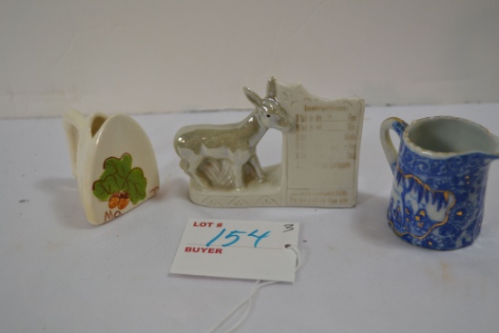 3 - Mini Toothpick Holders including Iron, Blue Pitcher, and Donkey (Missing Tail and Chip on Rim)