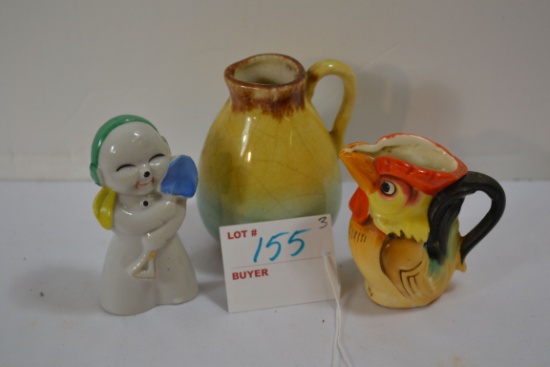 Vintage Porcelain Snowman Figure and 3" Rooster Creamer and 4" Multi-Color Creamer