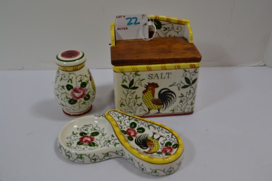 Group of Vintage Rooster w/Roses Salt Box, Salt Shaker, and Spoon Rest; By P. Y. Ucagco