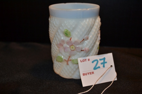 Handpainted Milk Glass Diamond Patter Vase; 4"; Small Chip on Rim