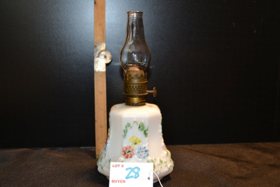 Mini Oil Lamp w/Handpainted Flower Pattern on Milk Glass Base