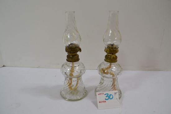 Pair of Mini Oil Lamps w/Chimneys in Swirl Pattern; Small Crack in Chimney