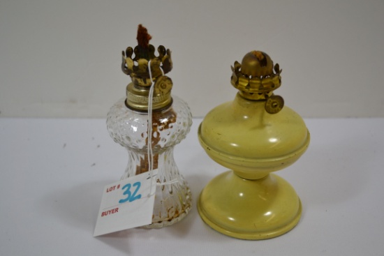 Pair of Mini Oil Lamps; One Metal and One Clear Glass Hobnail/Ribbed Pattern