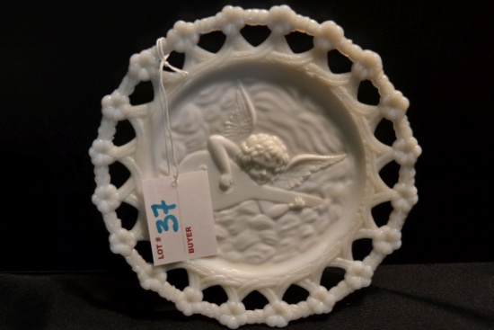 Vintage Iridescent Milk Glass Open Edge Plate of Cupid w/Mandolin by Westmoreland?; 7-1/4"